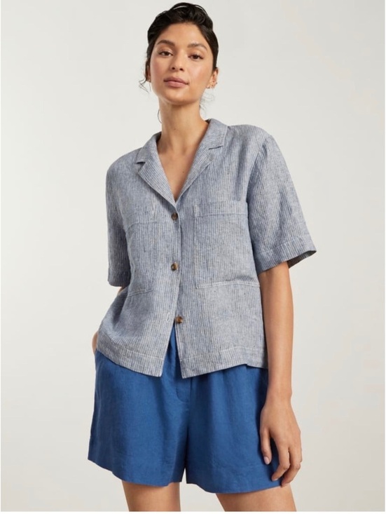Everlane Tops - Everlane Linen Workwear Shirt | S | Blue Stripe Boxy Cropped 100% Linen